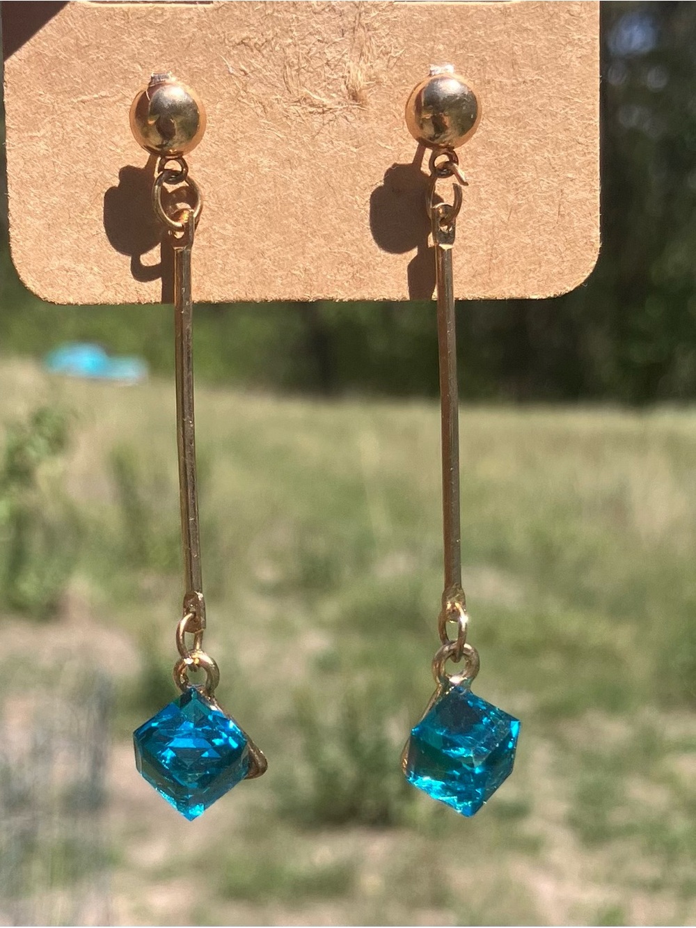 Gold Drop Earrings with Blue Crystal Cubes